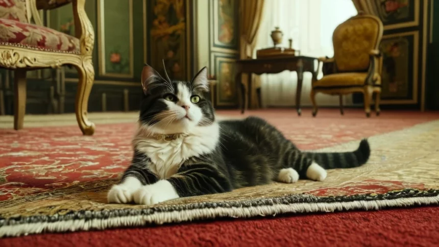 Egy cica pihen a szőnyegen, körülötte elegáns bútorokkal, látszólag nyugodt állapotban.