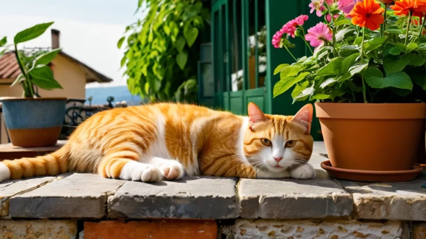 Egy narancssárga-fehér cica pihen a teraszon, virágok között, nyugodt környezetben.