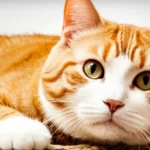 Egy aranyos, narancssárga-fehér cica pihen, figyelmesen néz a kamerába.