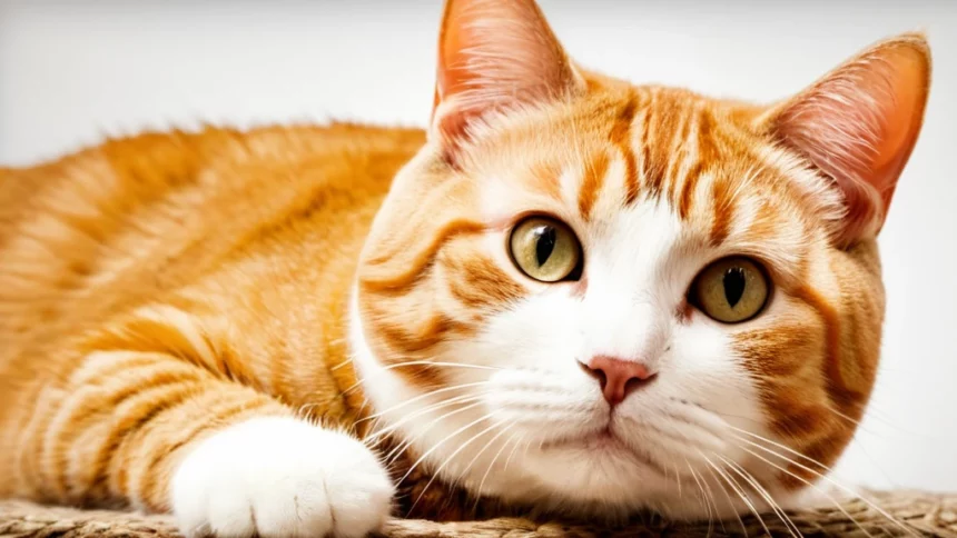 Egy aranyos, narancssárga-fehér cica pihen, figyelmesen néz a kamerába.