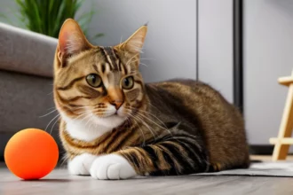 Egy cica pihen egy szőnyegen, mellette egy narancssárga labda, ami játékra csábítja.