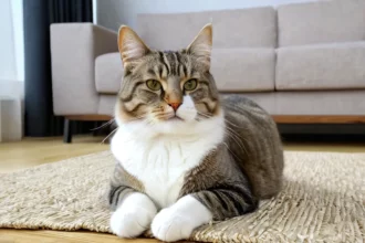 Egy szürke-fehér cica pihen a nappaliban, kényelmesen elhelyezkedve a szőnyegen.