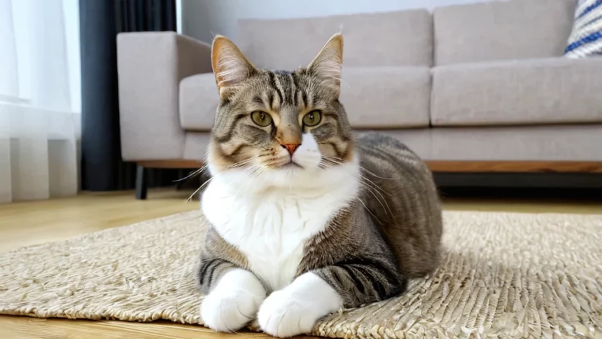 Egy szürke-fehér cica pihen a nappaliban, kényelmesen elhelyezkedve a szőnyegen.