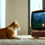 Egy cica kényelmesen fekszik a szőnyegen, miközben a tévén természetfilmet néz.