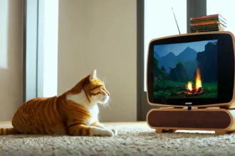 Egy cica kényelmesen fekszik a szőnyegen, miközben a tévén természetfilmet néz.