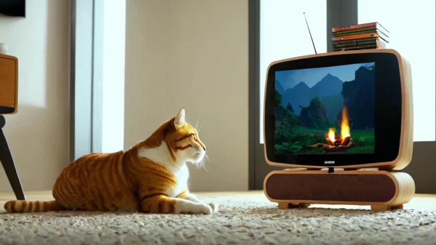 Egy cica kényelmesen fekszik a szőnyegen, miközben a tévén természetfilmet néz.