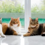 Három különböző cica pihen a napfényben, a háttérben zöld növények láthatók.