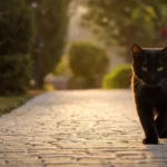 Egy fekete macska sétál a napfényben, a köves úton, zöld növények között.