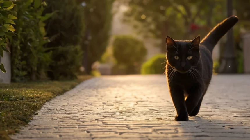 Egy fekete macska sétál a napfényben, a köves úton, zöld növények között.