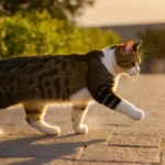 Egy fitt macska sétál a napfényben, élénk mozgásával a természetes környezetben.