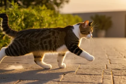 Egy fitt macska sétál a napfényben, élénk mozgásával a természetes környezetben.