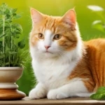 Egy narancssárga-fehér macska fekszik egy gyógynövényekkel teli cserép mellett, zöld háttérben.