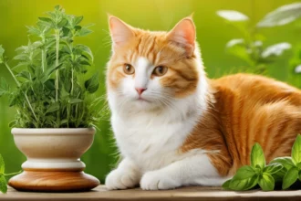 Egy narancssárga-fehér macska fekszik egy gyógynövényekkel teli cserép mellett, zöld háttérben.