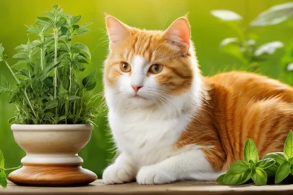 Egy narancssárga-fehér macska fekszik egy gyógynövényekkel teli cserép mellett, zöld háttérben.