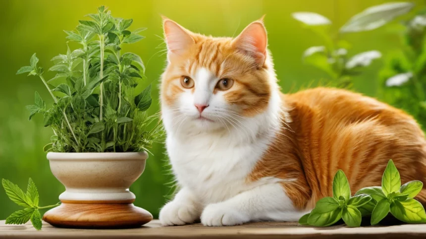 Egy narancssárga-fehér macska fekszik egy gyógynövényekkel teli cserép mellett, zöld háttérben.