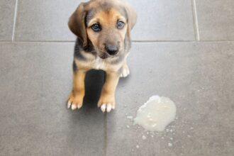 Egy kiskutya ül a padlón, mellette egy kis pocsolya látható.