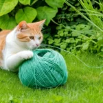 Egy játékos macska fekszik a zöld fűben, és egy zöld fonalgombolyagot figyel.