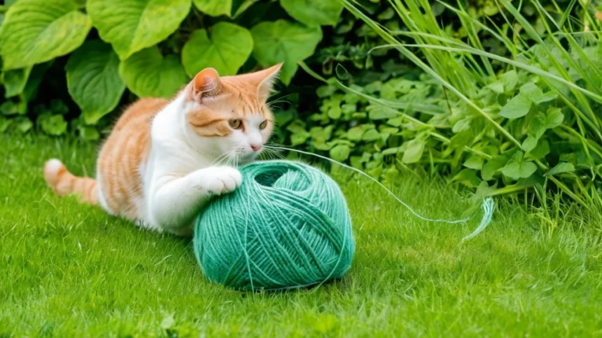 Egy játékos macska fekszik a zöld fűben, és egy zöld fonalgombolyagot figyel.