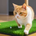 Egy játékos macska zöld műfűn sétál, színes labdák között.