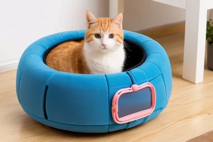 Egy aranyos macska ül egy kényelmes, kék fekhelyen, amely biztonságot nyújt számára.