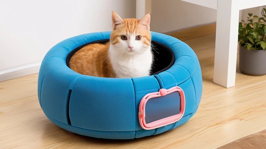 Egy aranyos macska ül egy kényelmes, kék fekhelyen, amely biztonságot nyújt számára.