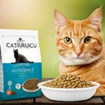 Egy narancssárga cica ül egy tál macskaeledel mellett, háttérben különböző macskaeledel csomagokkal.