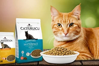 Egy narancssárga cica ül egy tál macskaeledel mellett, háttérben különböző macskaeledel csomagokkal.