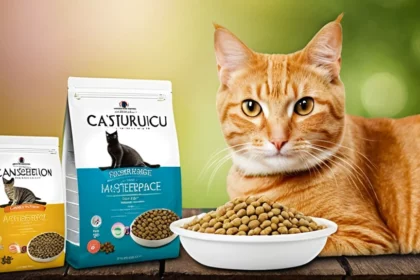 Egy narancssárga cica ül egy tál macskaeledel mellett, háttérben különböző macskaeledel csomagokkal.