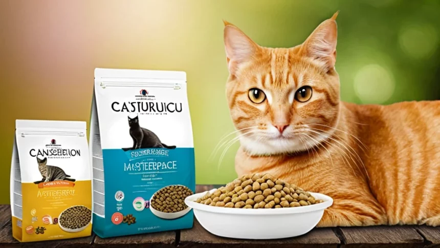 Egy narancssárga cica ül egy tál macskaeledel mellett, háttérben különböző macskaeledel csomagokkal.