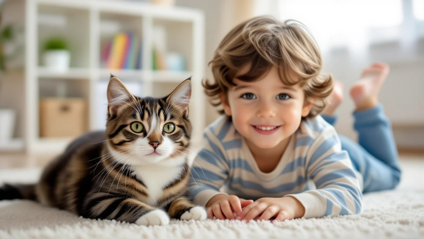 Egy kisfiú és egy cica együtt fekszenek a szőnyegen, boldogan mosolyognak.
