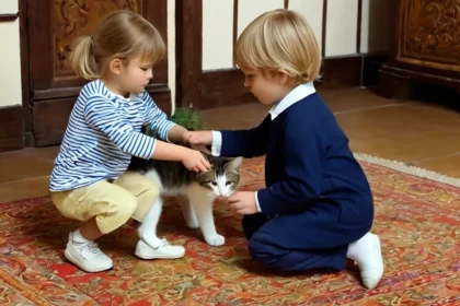 Két kisgyerek, egy fiú és egy lány, óvatosan simogatják a macskát a szőnyegen ülve.
