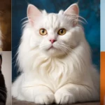 Öt különböző macskafajta portréja, változatos színű és mintázatú cicák.