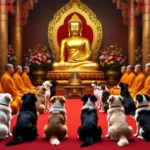 Kutyák és szerzetesek meditálnak egy buddhista templomban, arany Buddha szobor előtt.