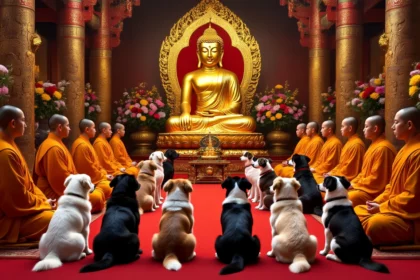 Kutyák és szerzetesek meditálnak egy buddhista templomban, arany Buddha szobor előtt.