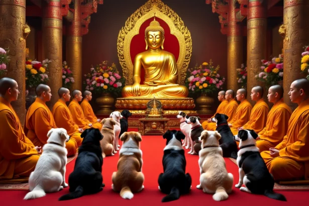 Kutyák és szerzetesek meditálnak egy buddhista templomban, arany Buddha szobor előtt.