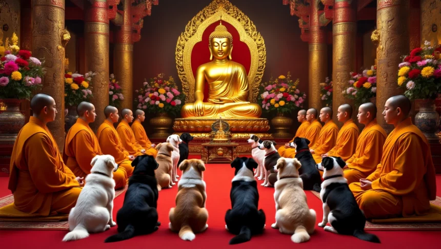 Kutyák és szerzetesek meditálnak egy buddhista templomban, arany Buddha szobor előtt.