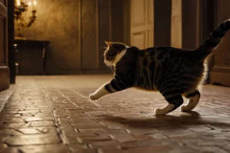 Egy macska sétál a padlón, figyelve a mozgó fénypontokra, izgatottan.