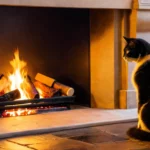 Egy fekete-fehér macska ül a kandalló előtt, figyelve a lángokat.