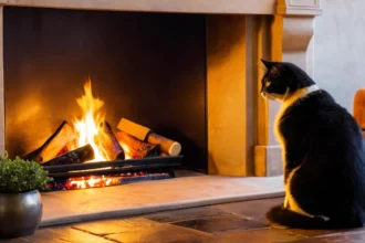 Egy fekete-fehér macska ül a kandalló előtt, figyelve a lángokat.