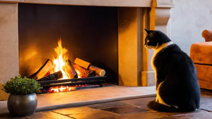 Egy fekete-fehér macska ül a kandalló előtt, figyelve a lángokat.