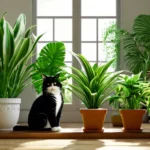 Egy fekete-fehér macska ül egy napfényes szobában, körülötte zöld növényekkel.