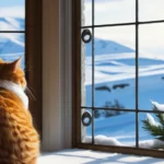 Egy narancssárga macska ül a téli tájra néző ablak előtt, hóval borított hegyek láthatók.