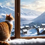 Egy cirmos macska ül az ablakpárkányon, és a havas hegyekre néz.
