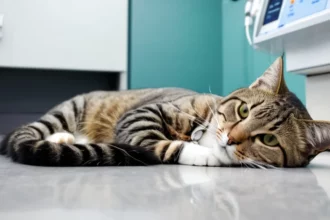 Egy macska fekszik a rendelő padlóján, láthatóan nyugodt és érdeklődő.