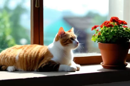 Egy gyönyörű, tigriscsíkos macska pihen az ablakpárkányon, napfényben, egy virágcserép mellett.