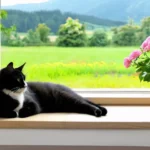 Fekete-fehér macska pihen az ablakpárkányon, gyönyörű zöld táj és virágok mellett.