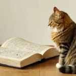 Egy macska ül egy nyitott könyv mellett, figyelmesen nézi a lapokat.