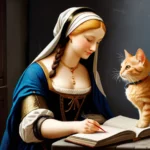 Egy nő ír egy könyvbe, miközben egy narancssárga macska figyeli őt.