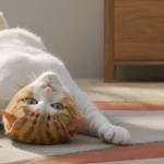 Egy fehér-narancssárga macska a hátán fekszik, lábait az ég felé nyújtva, otthoni környezetben.