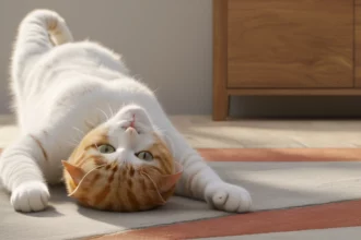 Egy fehér-narancssárga macska a hátán fekszik, lábait az ég felé nyújtva, otthoni környezetben.